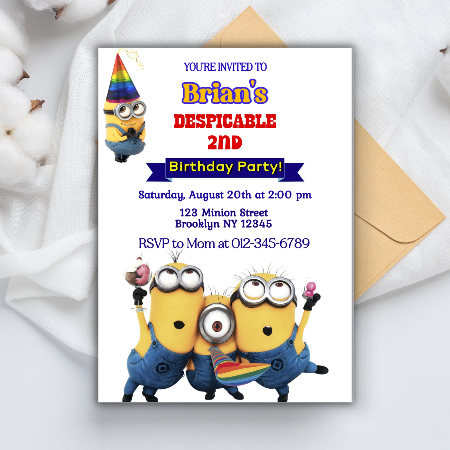 Minion Digital Birthday Invitation, Minion Cartoon Theme Birthday Party Invitation, Personalized Yellow and White Kids Birthday Invitation