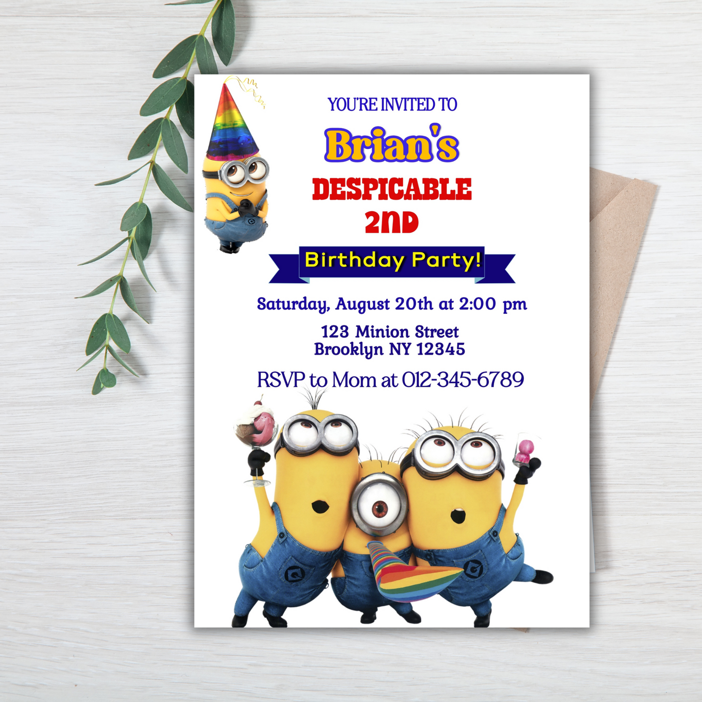 Minion Digital Birthday Invitation, Minion Cartoon Theme Birthday Party Invitation, Personalized Yellow and White Kids Birthday Invitation