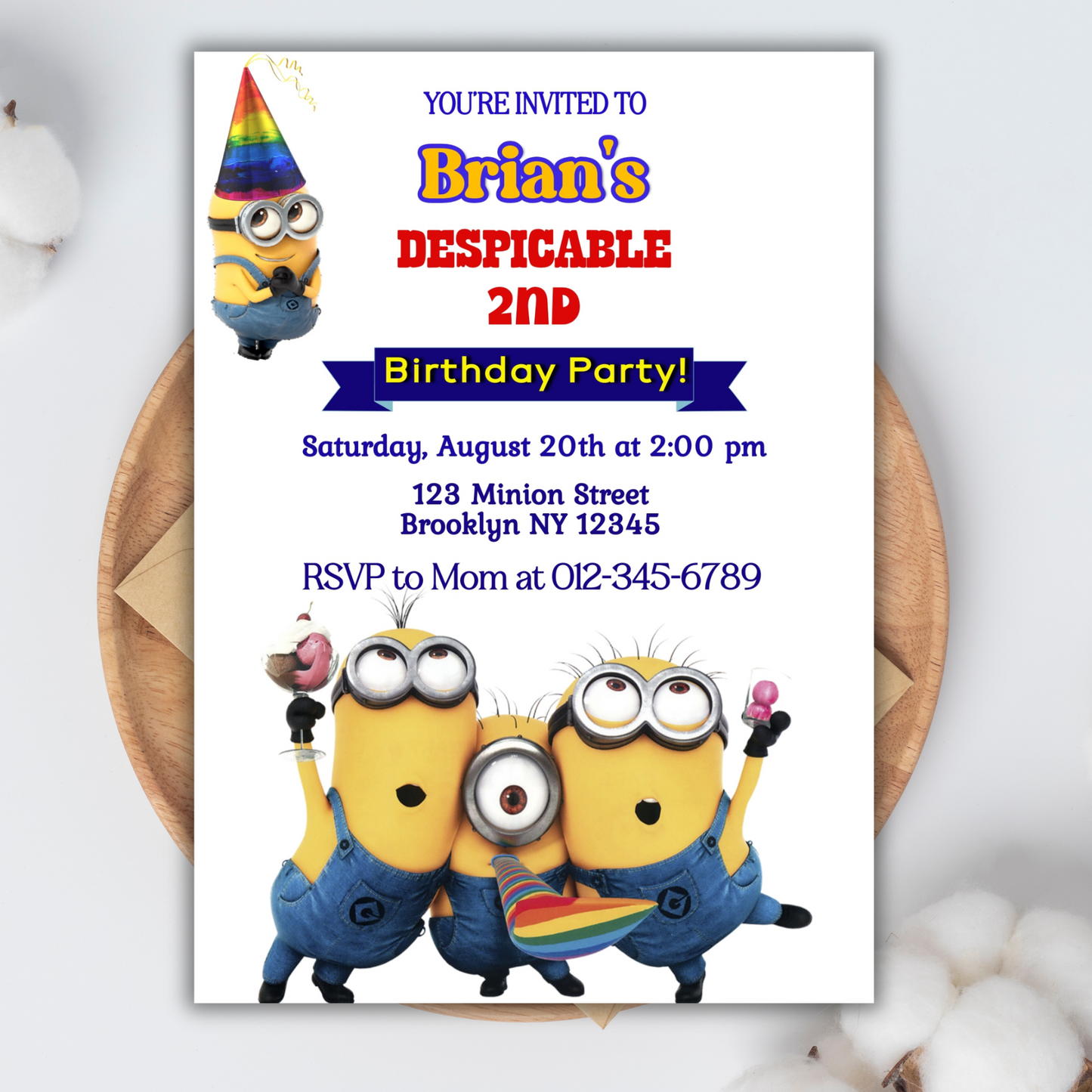 Minion Digital Birthday Invitation, Minion Cartoon Theme Birthday Party Invitation, Personalized Yellow and White Kids Birthday Invitation