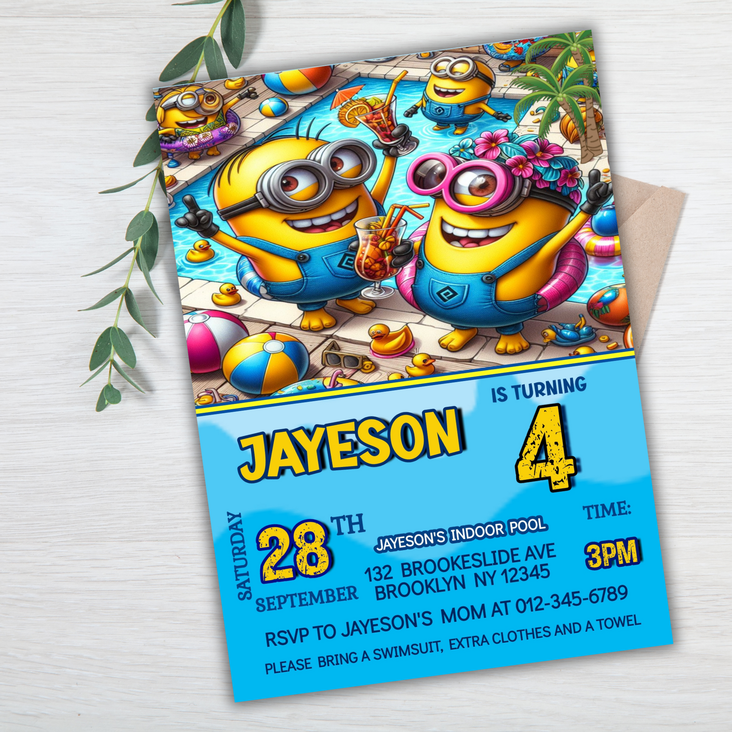 Minion Digital Birthday Invitation, Minion Pool Party Birthday Party Invitation, Pool Party Kids Birthday Invitation, Minion Party Invite