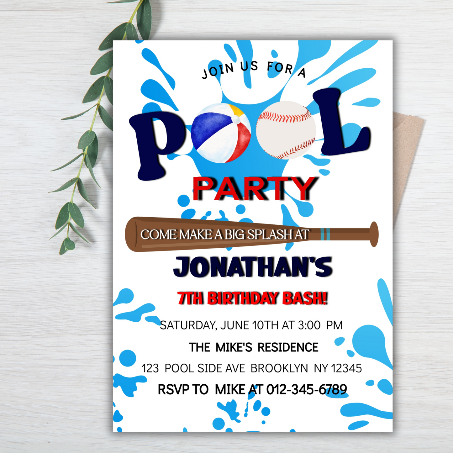 Pool Party Birthday Invitation for Baseball kids, Kids Summer Pool Party Invitation, Splish Splash Pool Party Baseball Digital Invitation
