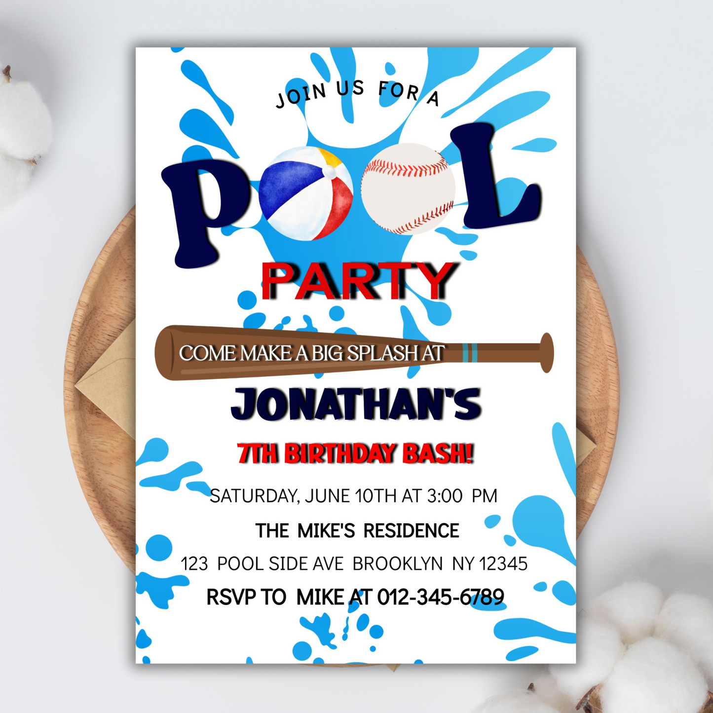 Pool Party Birthday Invitation for Baseball kids, Kids Summer Pool Party Invitation, Splish Splash Pool Party Baseball Digital Invitation