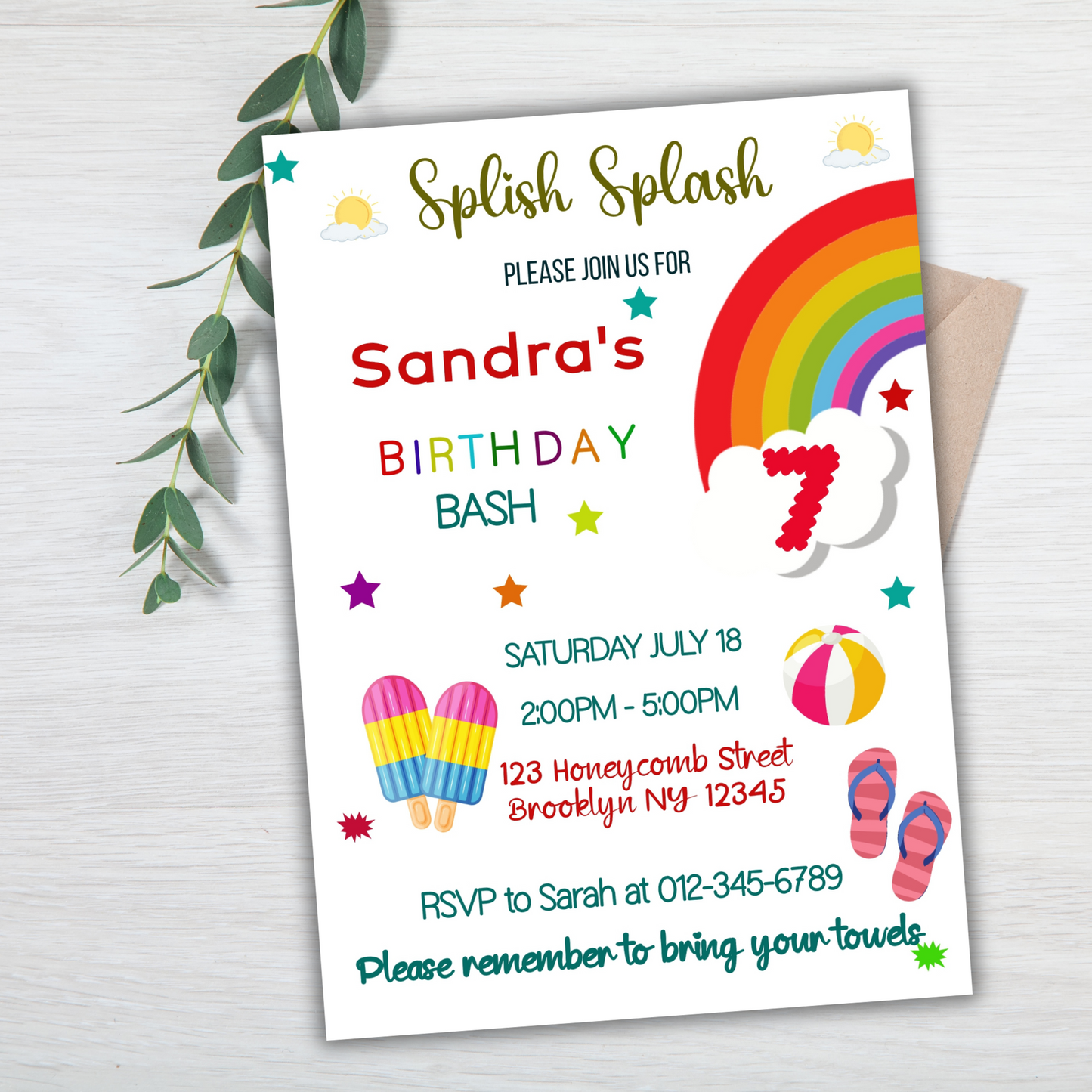 Pool Party Birthday Invitation, Kids Summer Pool Party Invitation, Splish Splash Pool Party Digital Invitation, Beach Party, Water Party for kids, Rainbow Pool Party Birthday Invite