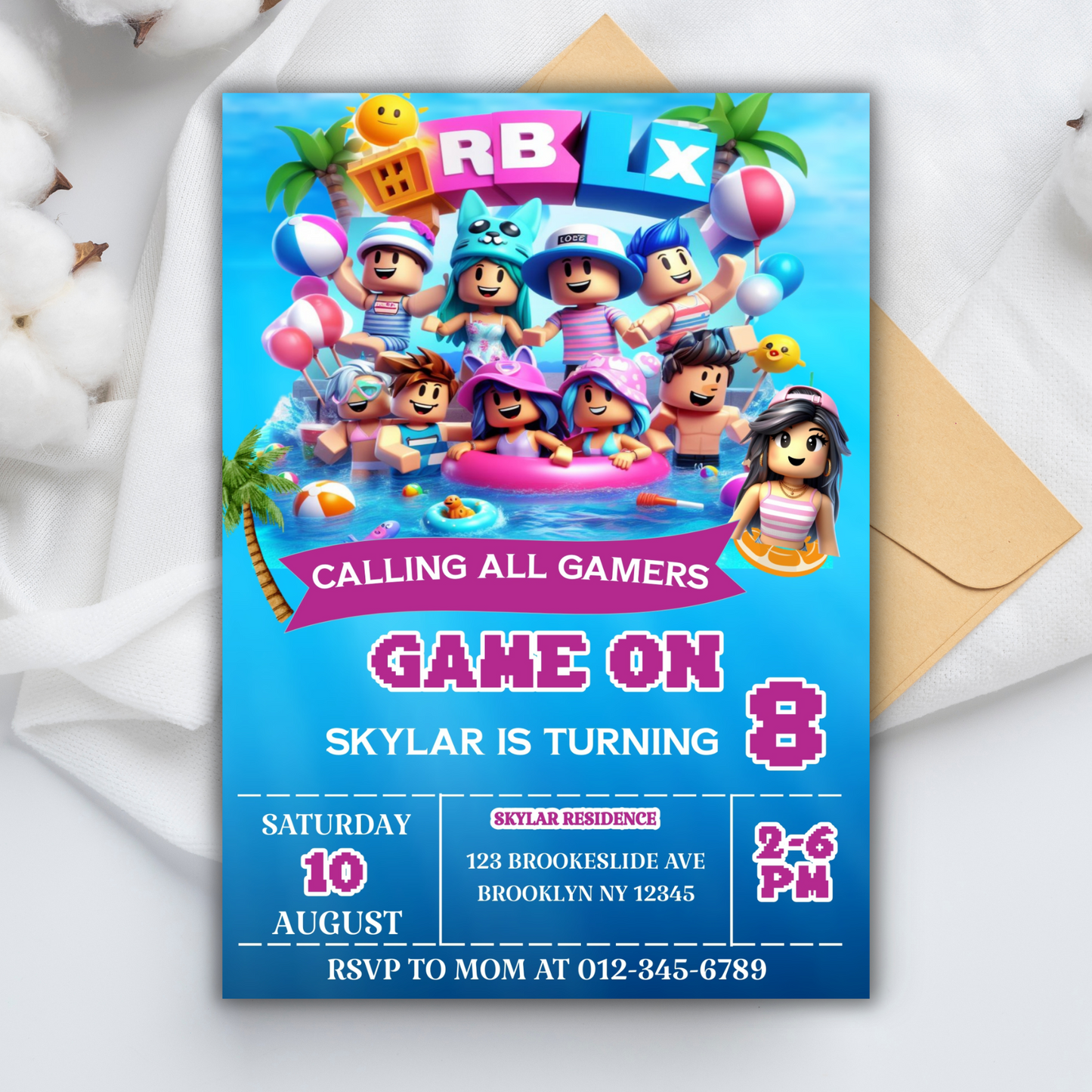 Roblox Pool Party Birthday Invitation | Roblox Gamer Birthday Digital Invite | Kids Fun Pool Party Invite | Custom Roblox Birthday Invite