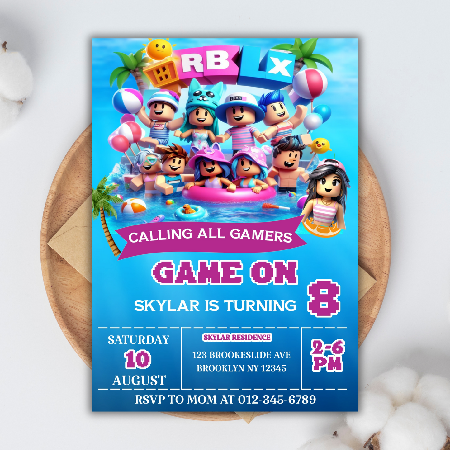 Roblox Pool Party Birthday Invitation | Roblox Gamer Birthday Digital Invite | Kids Fun Pool Party Invite | Custom Roblox Birthday Invite