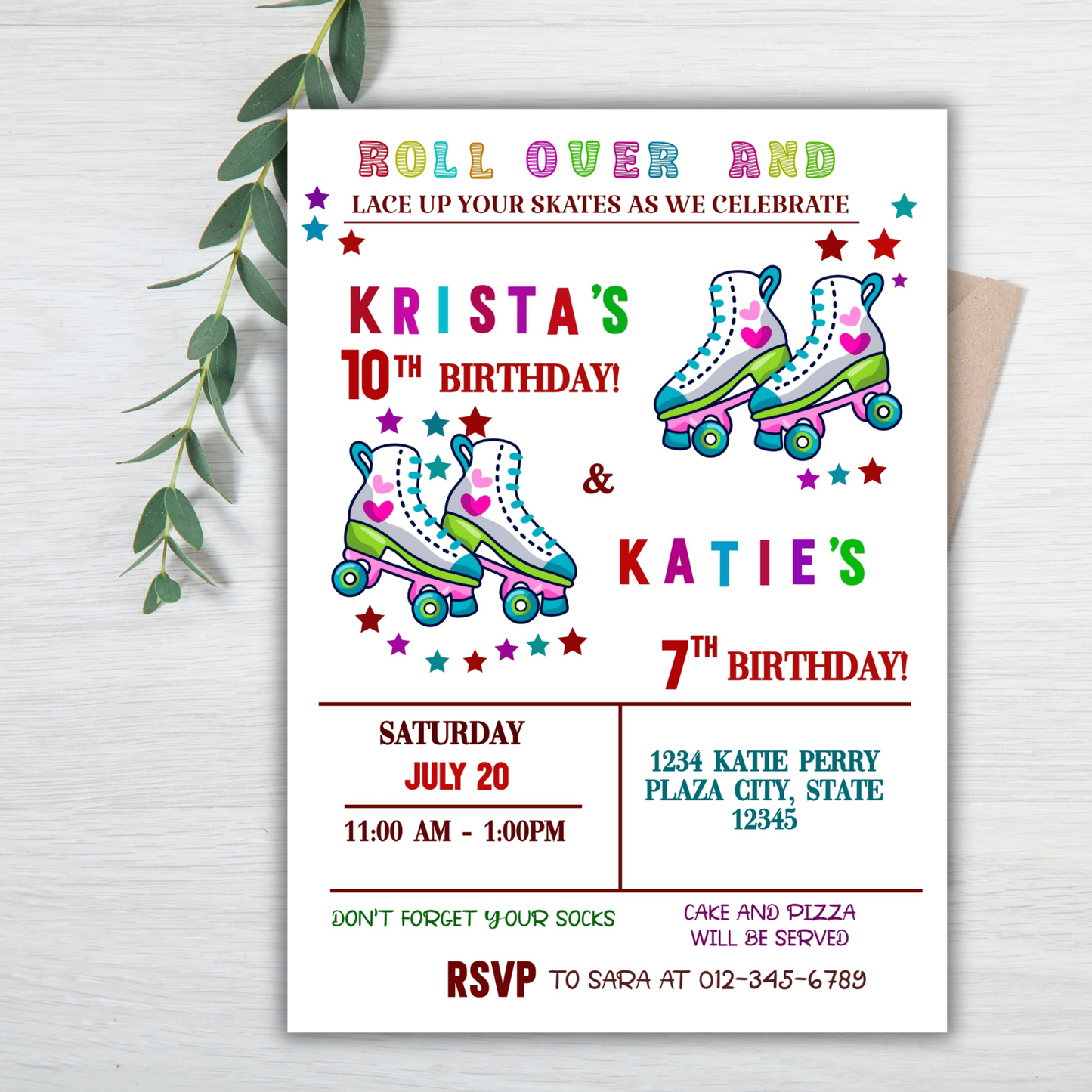 Digital Roller-skating Twin Birthday party invitation, Twin Roller-Skating Disco Party, Skate Boarding Invitation for Kids, Roller-Skating