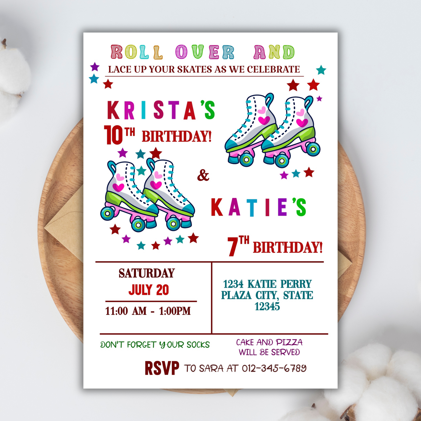 Digital Roller-skating Twin Birthday party invitation, Twin Roller-Skating Disco Party, Skate Boarding Invitation for Kids, Roller-Skating