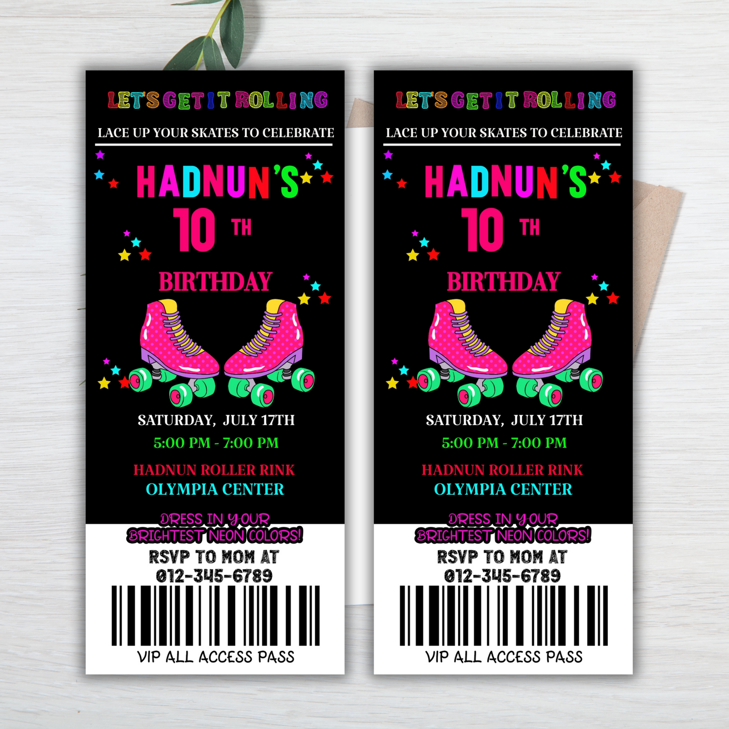 Digital Roller-skating Birthday Party Ticket invitation, Roller-Skating Ticket Invitation, Roller Skate Disco Party, Skate Boarding Ticket