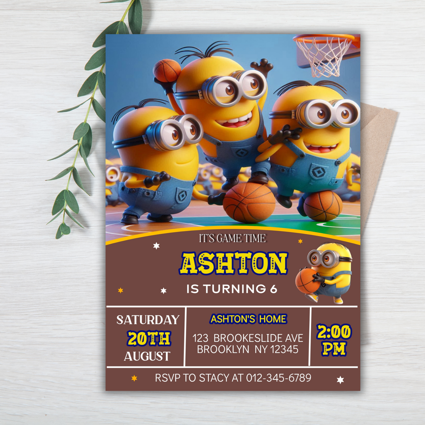 Minion Birthday Invitation, Minion Basketball Party Invite, Minion Party Kids Basketball Birthday Invite, Basketball Party Invite