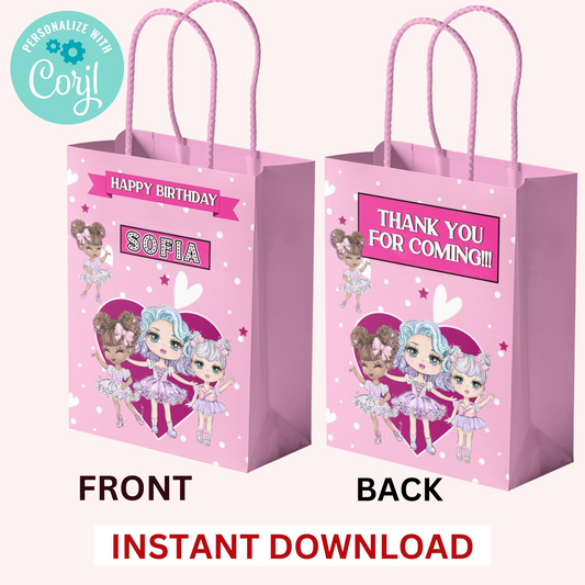 Doll Birthday Party Gift Bag, Cute Dolls Birthday Favor Bags, Editable Baby Doll Birthday Party Bags, Girl Birthday Pink Gift Bags