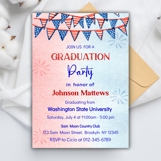 4th of July Graduation Party Invitation Template, High School & College Graduation Invite, Independence Day Graduation Party Invite