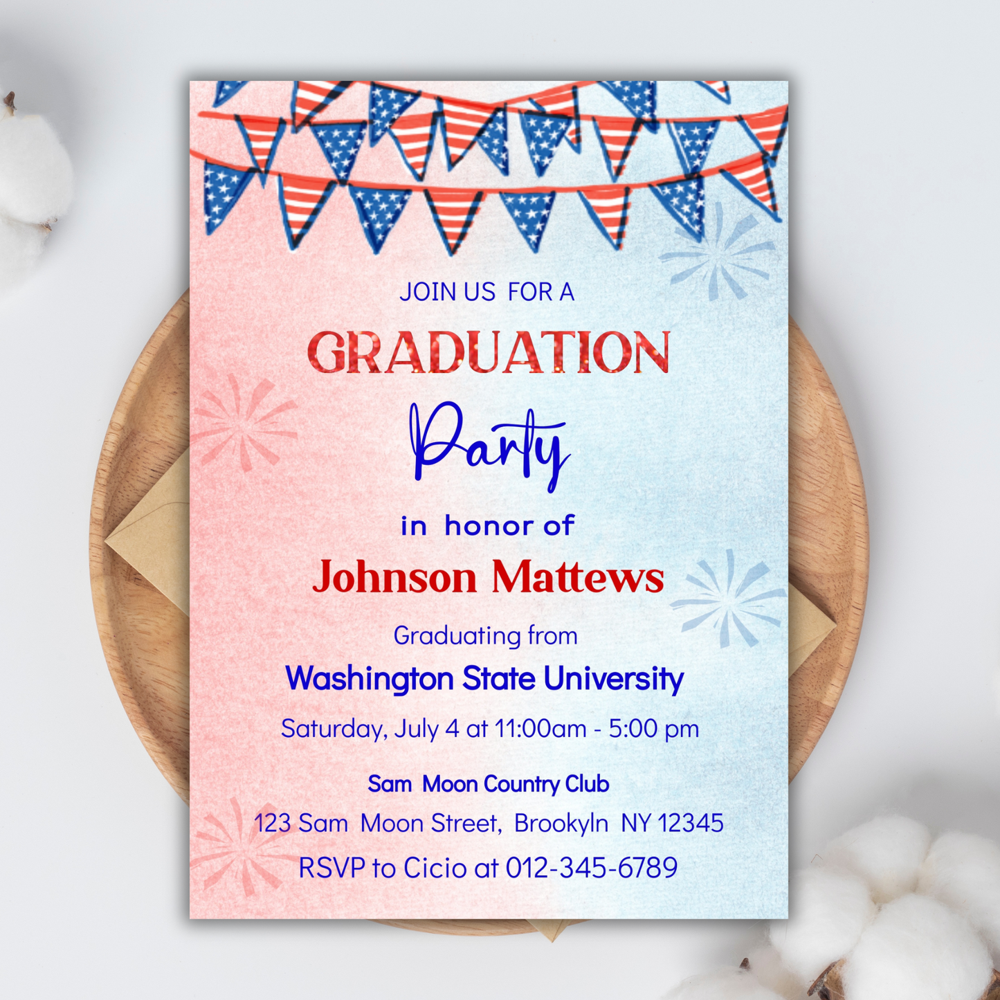 4th of July Graduation Party Invitation Template, High School & College Graduation Invite, Independence Day Graduation Party Invite