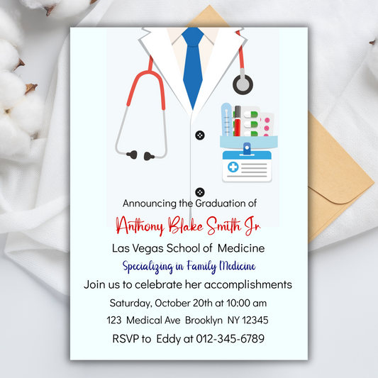 Graduation Party Invitation Template, MD school of medicine Graduation Invitation, Medical Lab Coat Graduation Invite, Digital MD Graduation