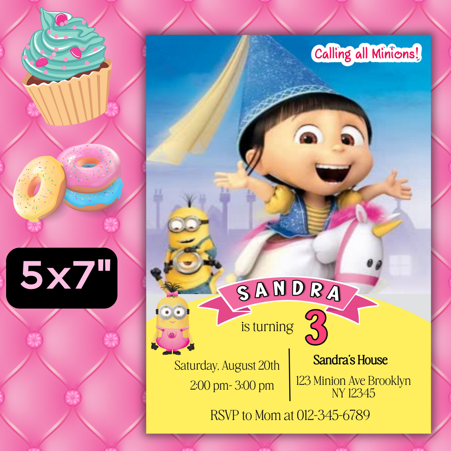 Minion Girl Digital Birthday Invitation, Minion Girl Theme Birthday Party Invitation, Personalized Yellow and White Kids Birthday Invitation