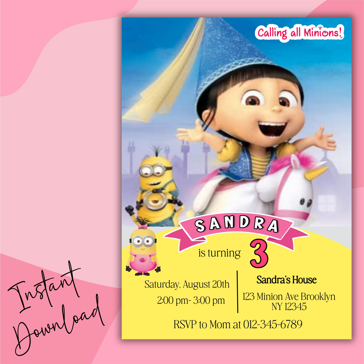Minion Girl Digital Birthday Invitation, Minion Girl Theme Birthday Party Invitation, Personalized Yellow and White Kids Birthday Invitation
