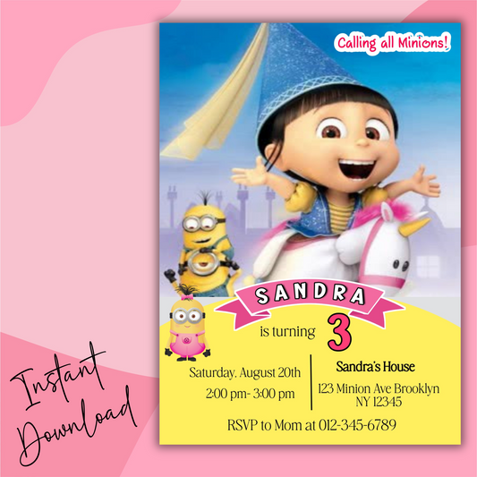 Minion Girl Digital Birthday Invitation, Minion Girl Theme Birthday Party Invitation, Personalized Yellow and White Kids Birthday Invitation