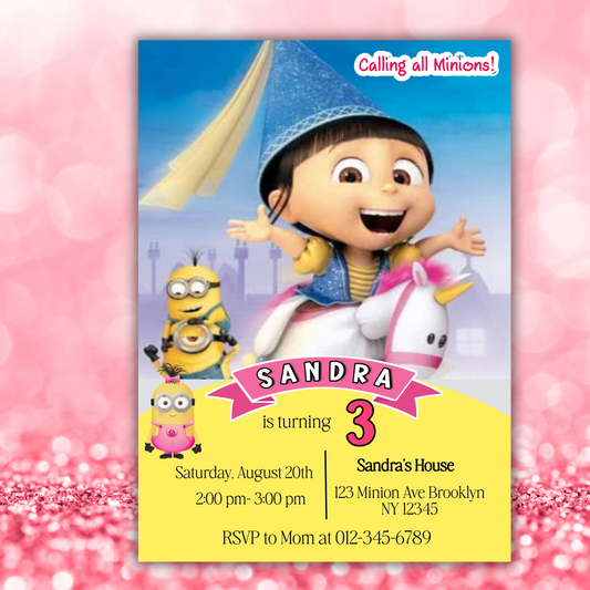 Minion Girl Digital Birthday Invitation, Minion Girl Theme Birthday Party Invitation, Personalized Yellow and White Kids Birthday Invitation