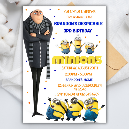 Minion Digital Birthday Invitation, Minion Cartoon Theme Birthday Party Invitation, Personalized Yellow and White Kids Birthday Invitation