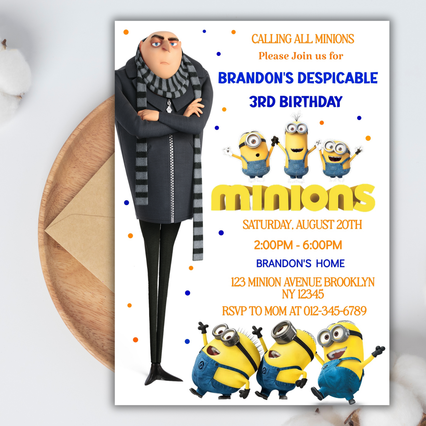 Minion Digital Birthday Invitation, Minion Cartoon Theme Birthday Party Invitation, Personalized Yellow and White Kids Birthday Invitation