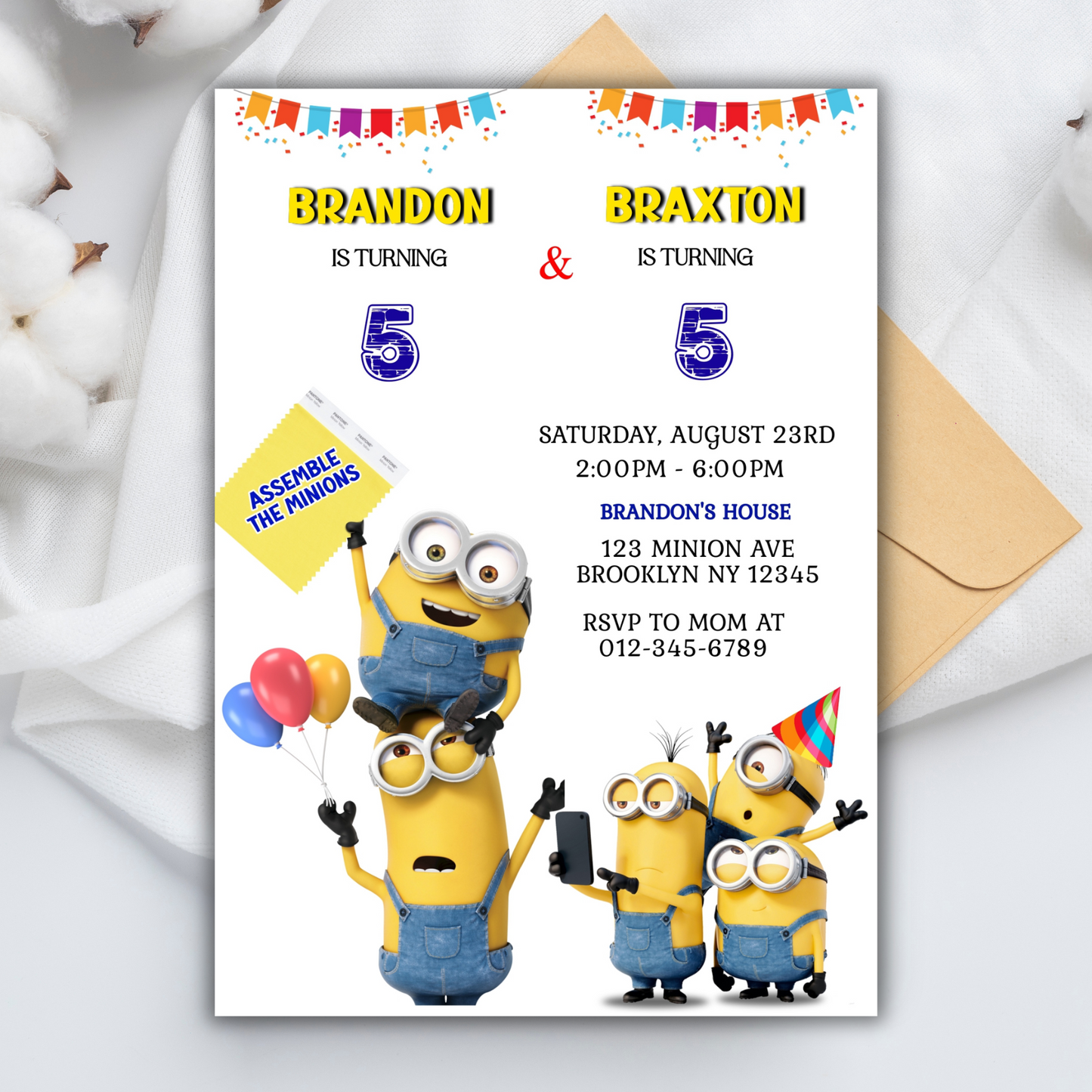Minion Digital Twin Birthday Invitation, Minion Cartoon Theme Birthday Party Invitation, Twin Party Yellow and White Kids Birthday Invite
