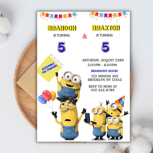 Minion Digital Twin Birthday Invitation, Minion Cartoon Theme Birthday Party Invitation, Twin Party Yellow and White Kids Birthday Invite