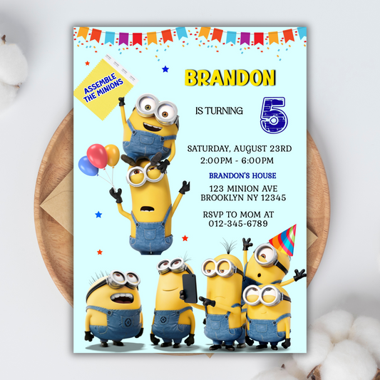 Minion Digital Birthday Invitation, Minion Cartoon Theme Birthday Party Invitation, Personalized Yellow and White Kids Birthday Invitation