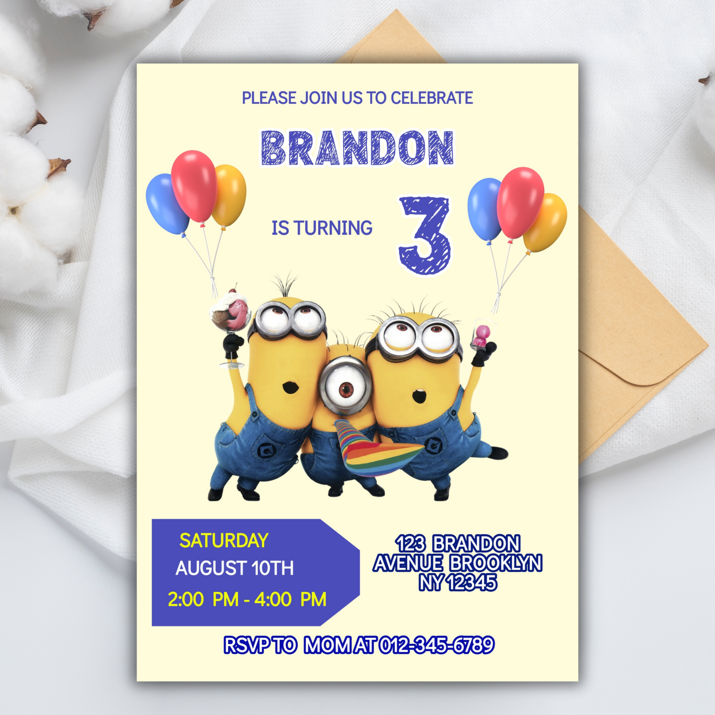 Minion Digital Birthday Invitation, Minion Cartoon Theme Birthday Party Invitation, Personalized Yellow and White Kids Birthday Invitation