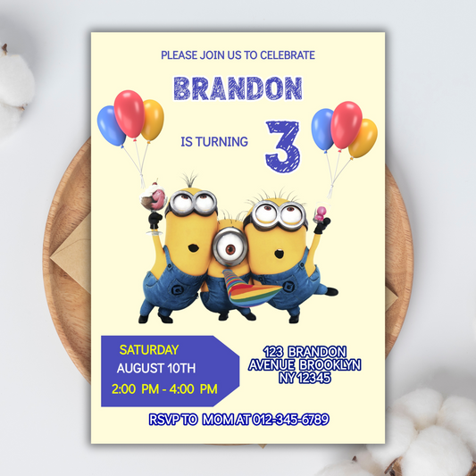 Minion Digital Birthday Invitation, Minion Cartoon Theme Birthday Party Invitation, Personalized Yellow and White Kids Birthday Invitation