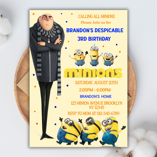 Minion Digital Birthday Invitation, Minion Cartoon Theme Birthday Party Invitation, Personalized Yellow and White Kids Birthday Invitation