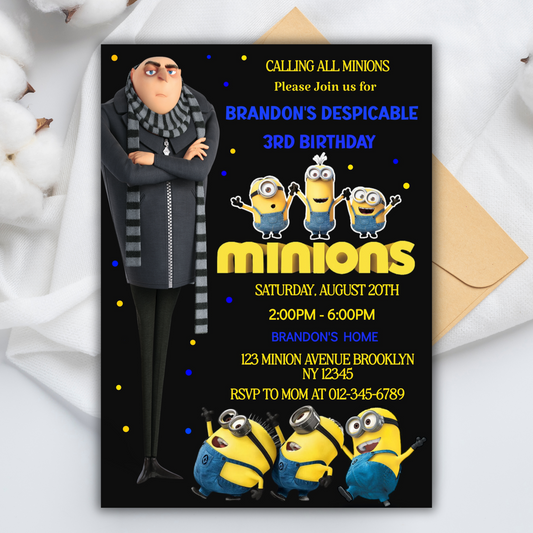 Minion Digital Birthday Invitation, Minion Cartoon Theme Birthday Party Invitation, Personalized Yellow and White Kids Birthday Invitation (Copy)