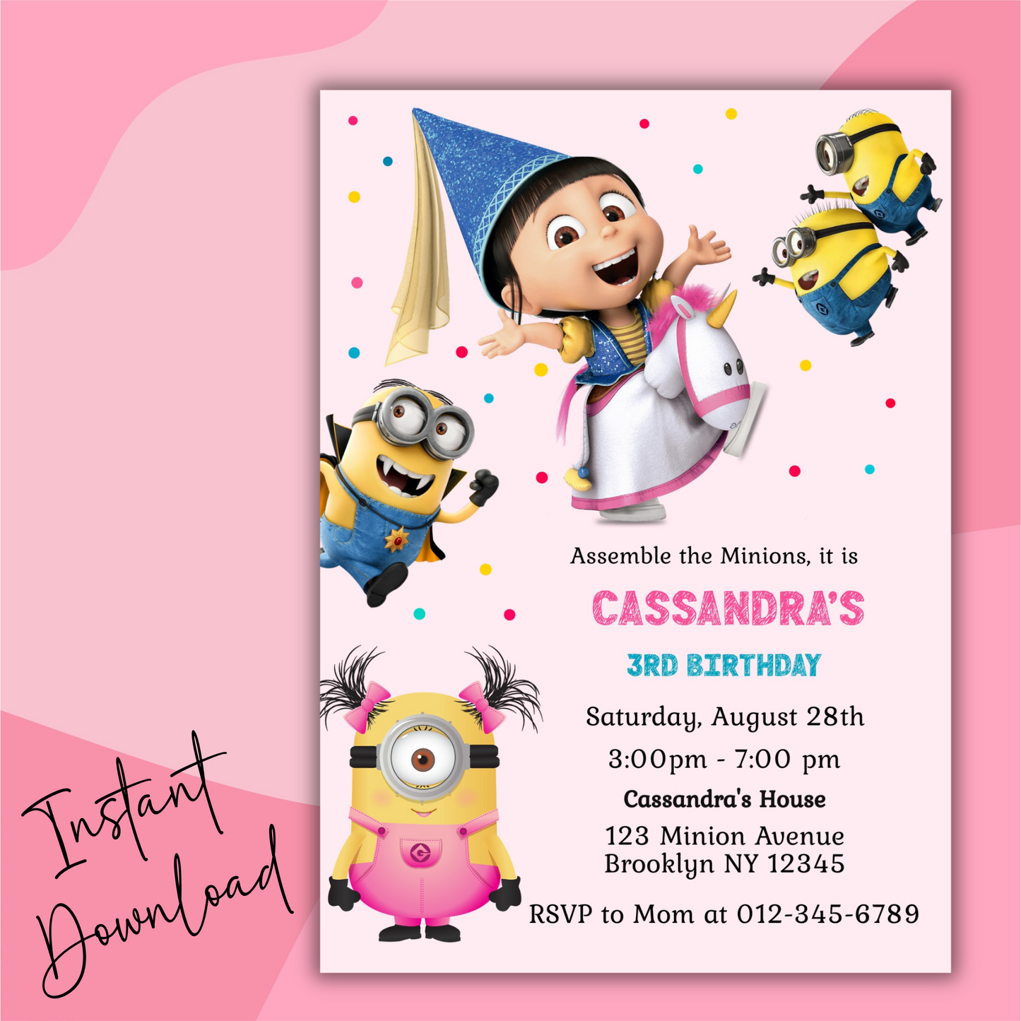 Minion Girl Digital Birthday Invitation, Minion Girl Theme Birthday Party Invitation, Personalized Yellow and White Kids Birthday Invitation