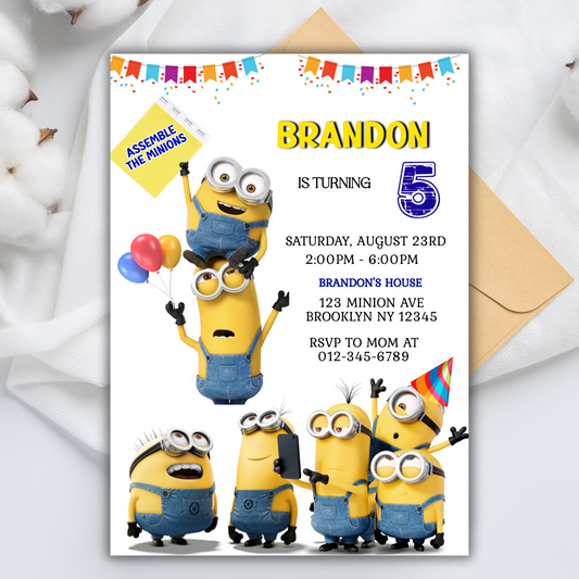 Minion Digital Birthday Invitation, Minion Cartoon Theme Birthday Party Invitation, Personalized Yellow and White Kids Birthday Invitation