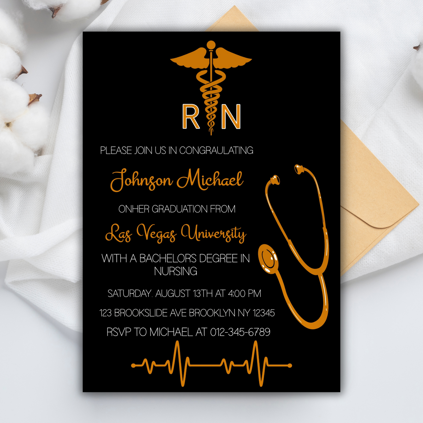 Graduation Party Invitation Template, Registered Nurse Graduation Invitation, RN Graduation Invitation, Black and Gold RN Graduation Invite