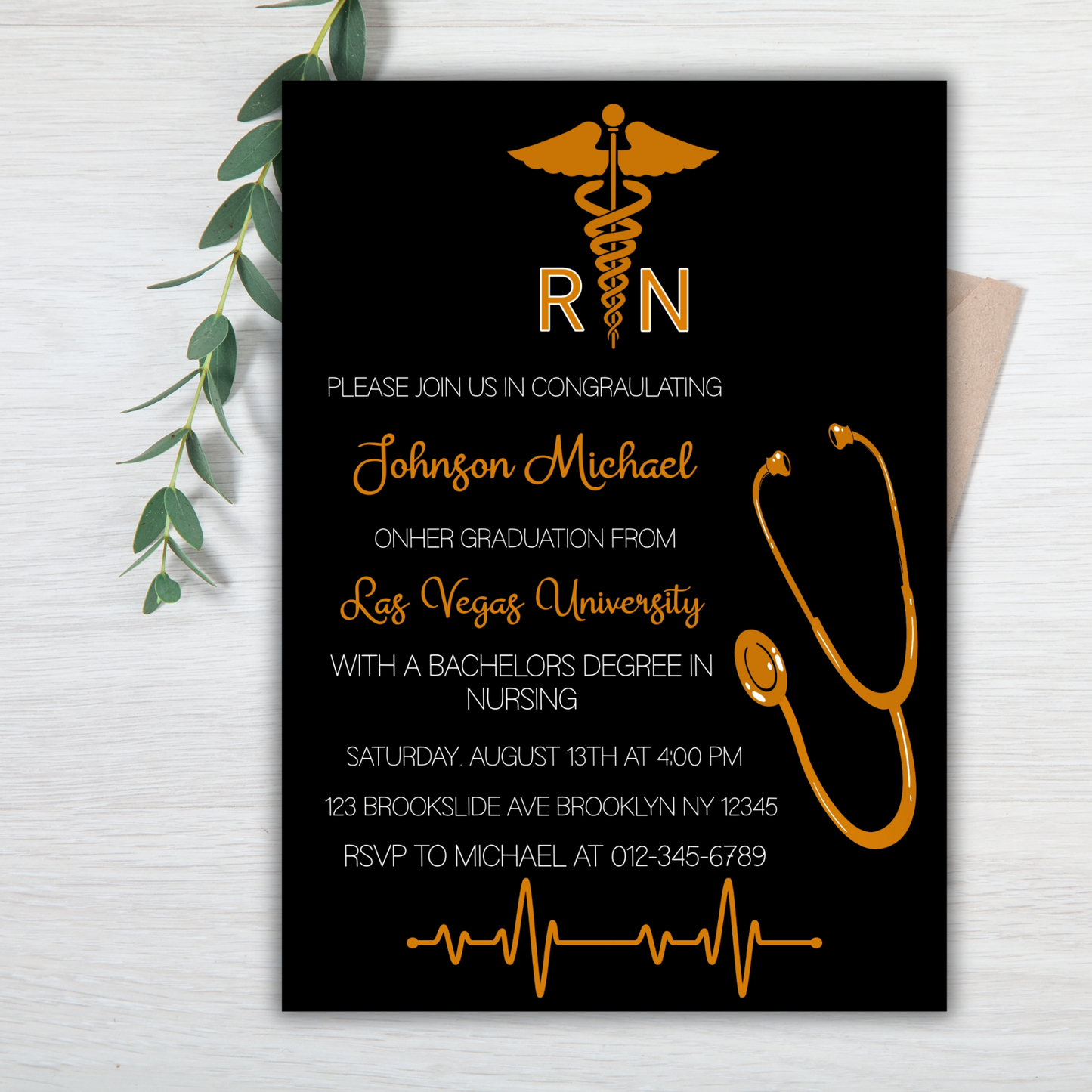 Graduation Party Invitation Template, Registered Nurse Graduation Invitation, RN Graduation Invitation, Black and Gold RN Graduation Invite