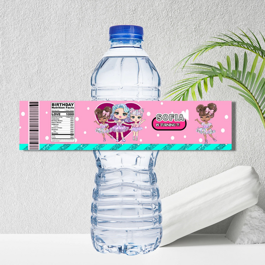 Doll Birthday Digital Water Bottle Label, Cute Dolls Birthday Water Bottle Label, Editable Baby Doll Birthday Water Label, Pink Water Label