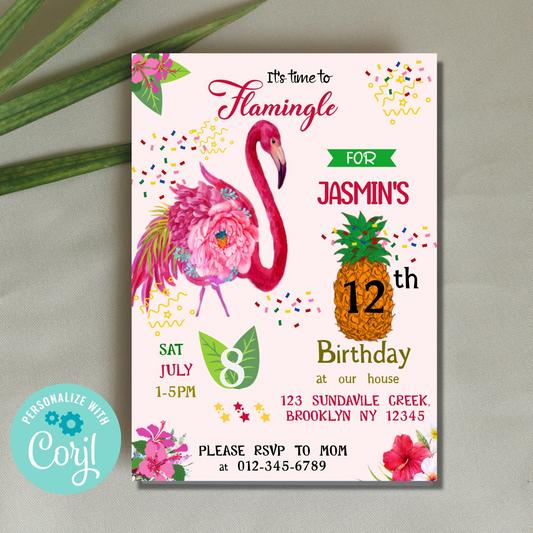Flamingo Birthday Party Digital Invitation, Let's Flamingle Invitation, Tropical Birthday Invite, Pink Flamingo Invite, Summer Party Invite