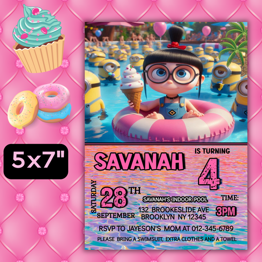 Minion Girl Pool Party Invitation, Agnes Despicable me Pool Party Invite, Minion Pool Party Kids Birthday Invite, Minion Girl Party Invite
