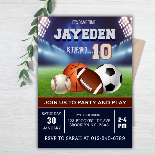 Sports Birthday Printable Invitation, All Stars Sports Basketball, Soccer Baseball Allstars Sports Invitation, Allstars SPORT Pool Birthday