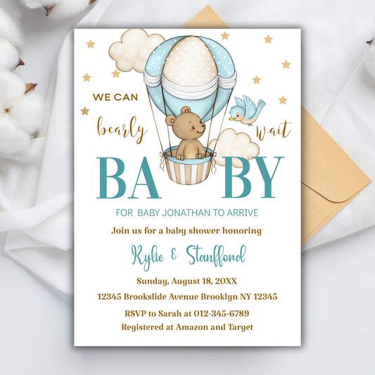 Oh Boy, We can Bearly Wait Baby Bear Baby Shower Invitation | Woodland Themed Baby Shower Invite | Cute Printable or Digital Bear Baby Invite for Boys or Girls (Copy)