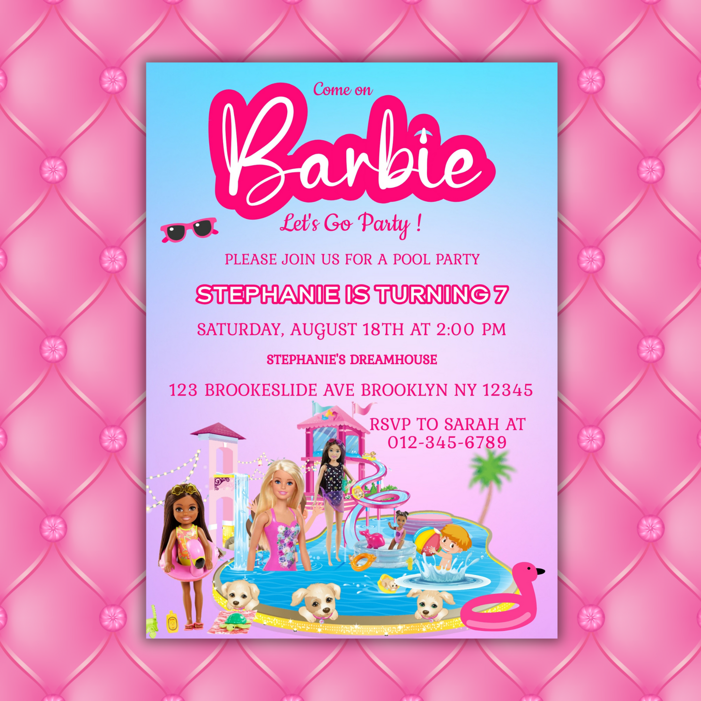Doll Pool Party Birthday Invitation, Cute Dolls Swim Party, Barbie Baby Doll Birthday Invitation, Barbie Pool Party Girl Birthday Pink Invite