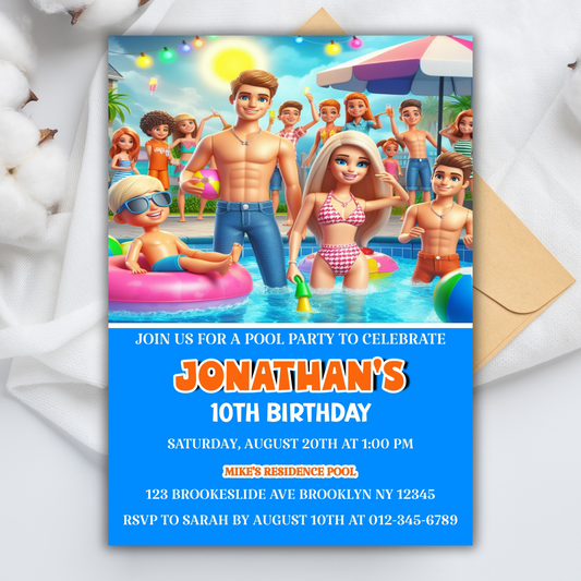 Barbie and Ken Pool Party Birthday Invitation, Cute Dolls Swim Party, Barbie Baby Doll Birthday Invitation, Barbie Pool Party Birthday Pink Invite