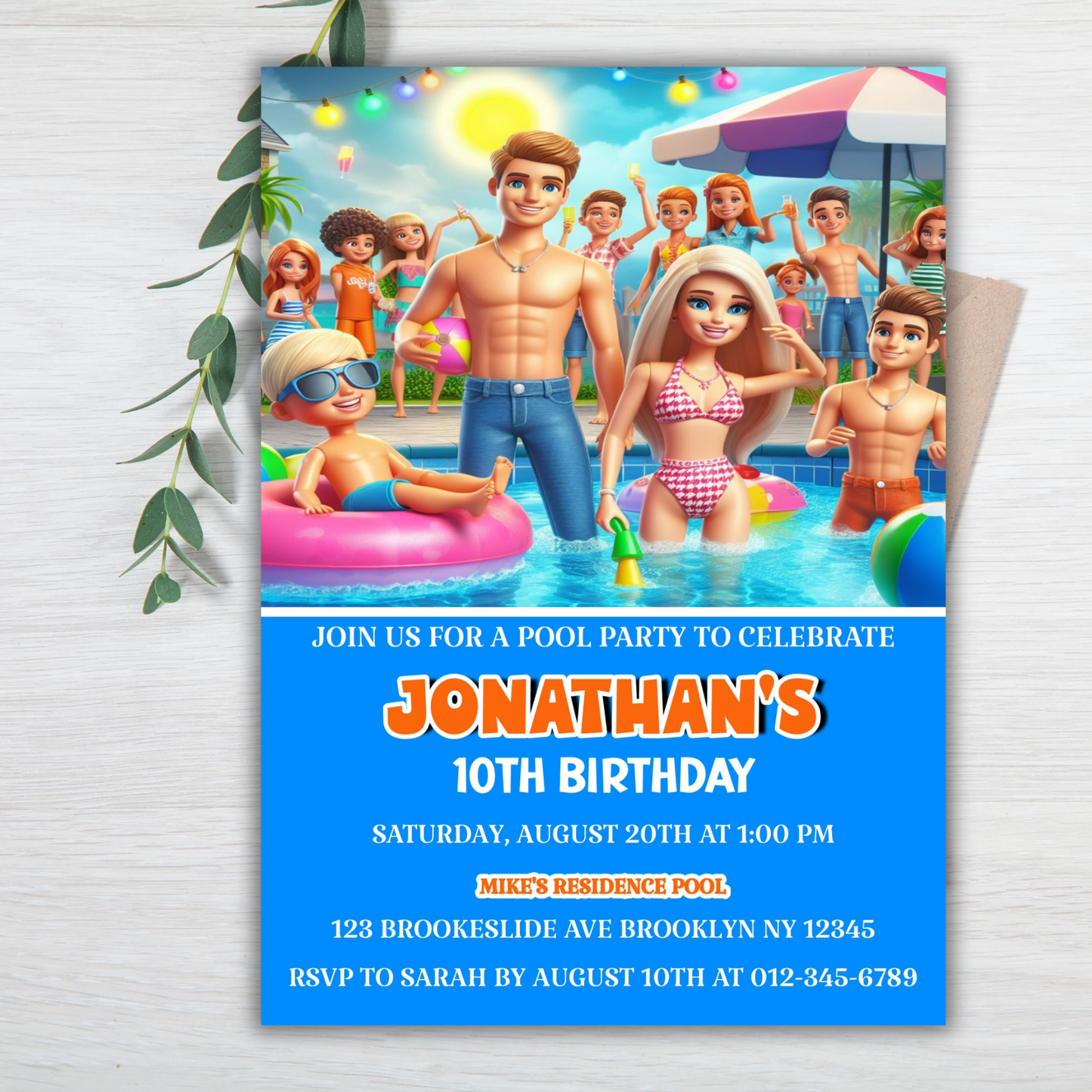Barbie and Ken Pool Party Birthday Invitation, Cute Dolls Swim Party, Barbie Baby Doll Birthday Invitation, Barbie Pool Party Birthday Pink Invite