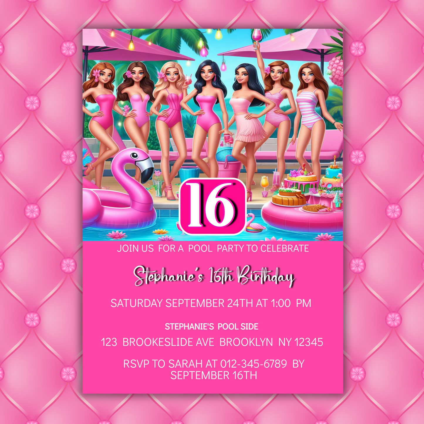 Sweet Sixteen Pool Party Birthday Invitation, Cute Dolls Swim Party, Barbie Baby Doll Birthday Invitation, Barbie Pool Party Girl Birthday Pink Invite
