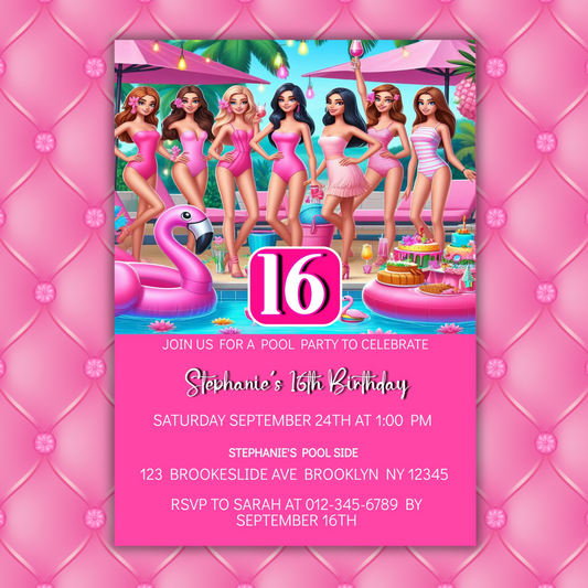 Sweet Sixteen Pool Party Birthday Invitation, Cute Dolls Swim Party, Barbie Baby Doll Birthday Invitation, Barbie Pool Party Girl Birthday Pink Invite
