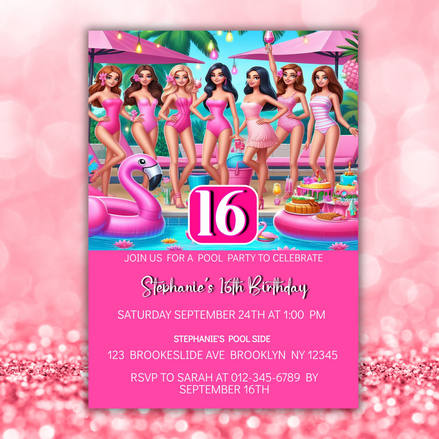 Sweet Sixteen Pool Party Birthday Invitation, Cute Dolls Swim Party, Barbie Baby Doll Birthday Invitation, Barbie Pool Party Girl Birthday Pink Invite