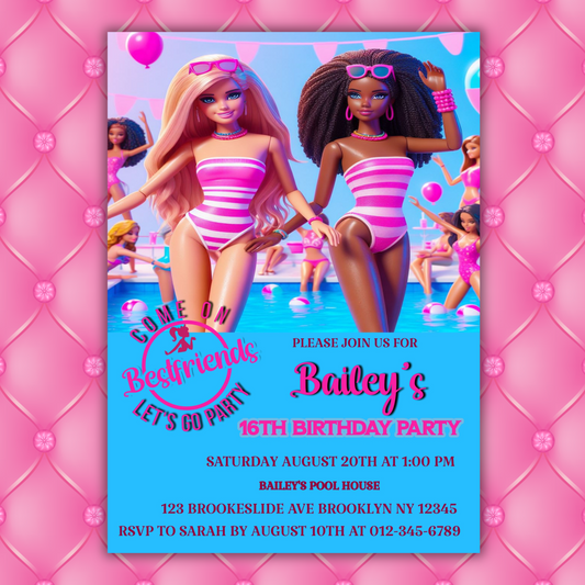 Big Girls Barbie Pool Party Birthday Invitation, Cute Dolls Swim Party, Barbie Baby Doll Birthday Invitation, Barbie Pool Party Birthday Pink Invite