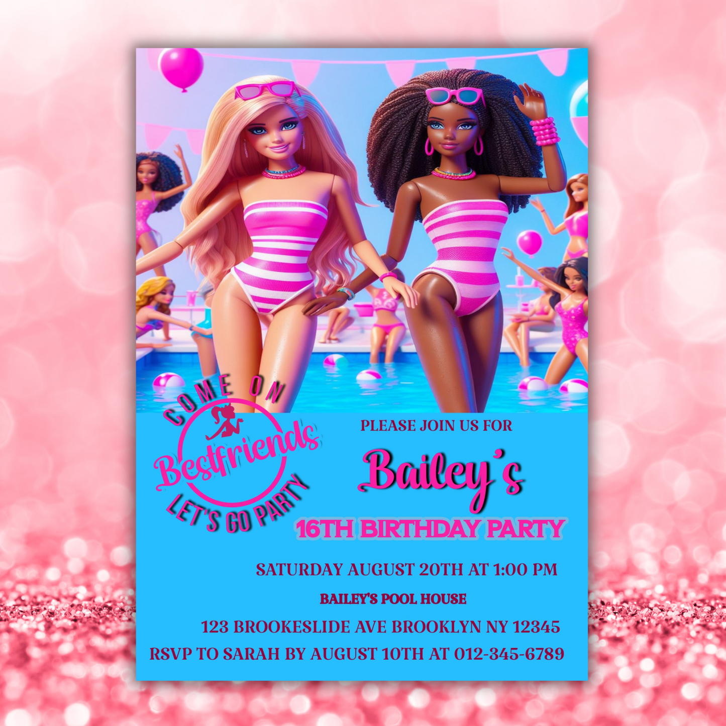 Big Girls Barbie Pool Party Birthday Invitation, Cute Dolls Swim Party, Barbie Baby Doll Birthday Invitation, Barbie Pool Party Birthday Pink Invite