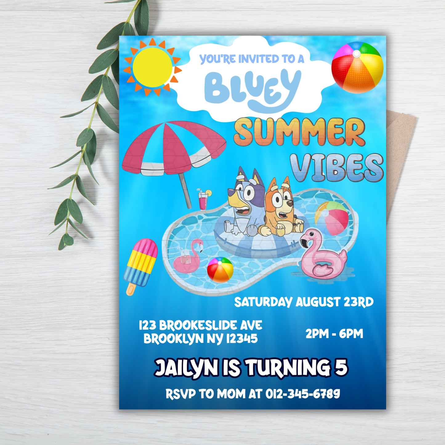 Bluey Pool Party Birthday Invitation for Kids | This Bluey Summer Vibes Bluey | Bluey Pool Girl Theme Birthday Invite