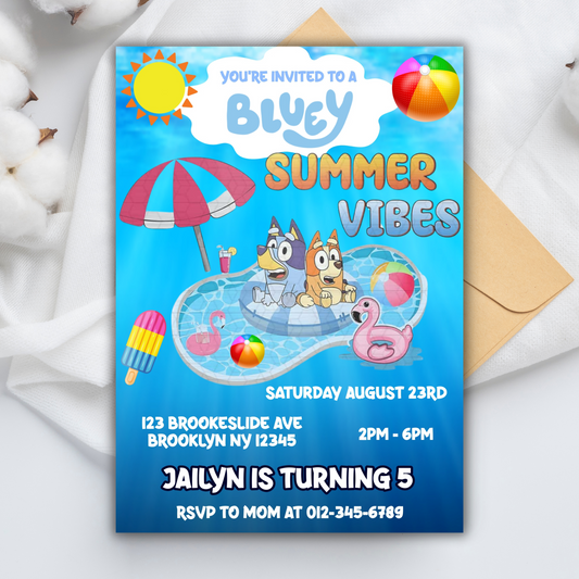 Bluey Pool Party Birthday Invitation for Kids | This Bluey Summer Vibes Bluey | Bluey Pool Girl Theme Birthday Invite