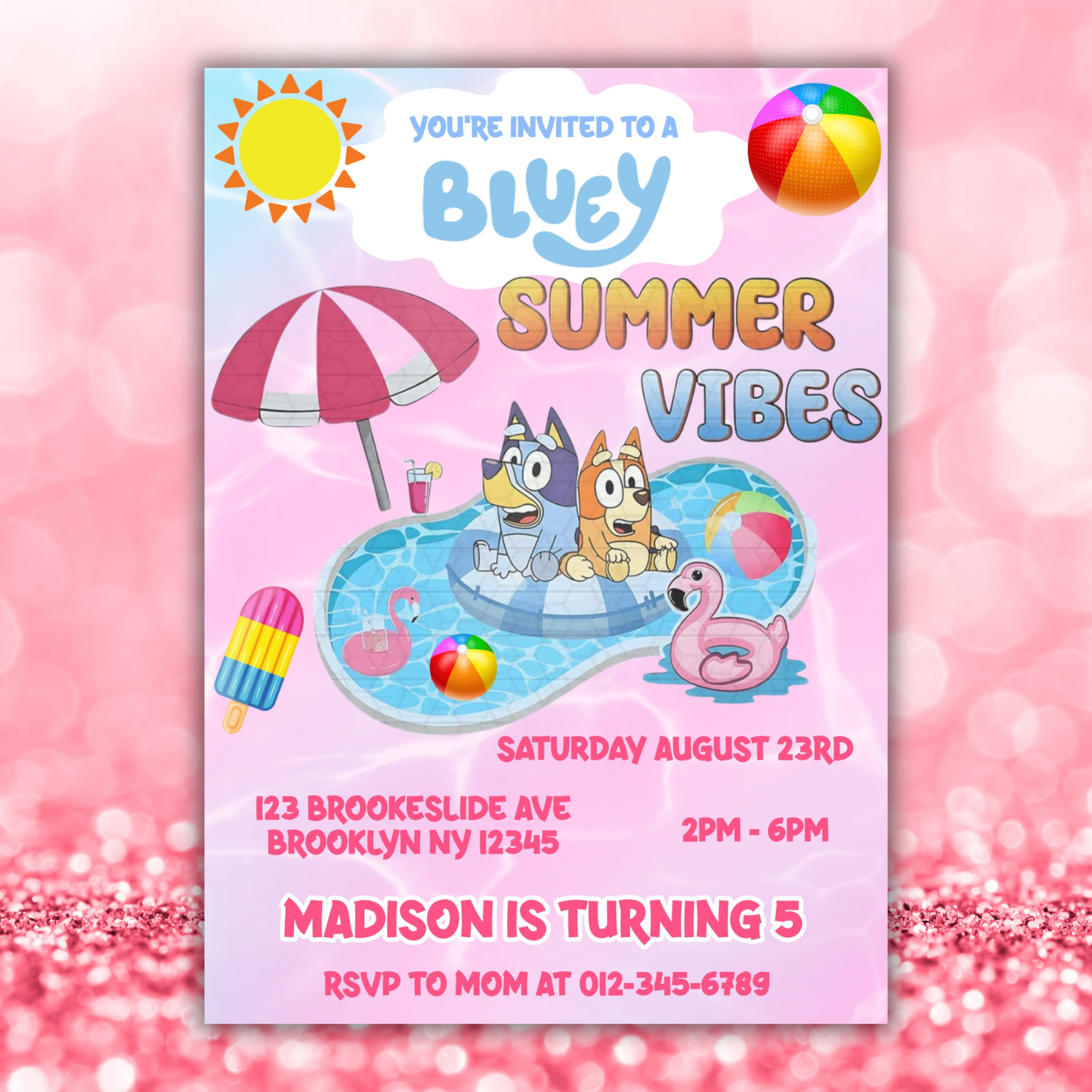 Bluey Pool Party Birthday Invitation for Kids | This Bluey Summer Vibes Bluey | Bluey Pool Girl Theme Birthday Invite (Copy)